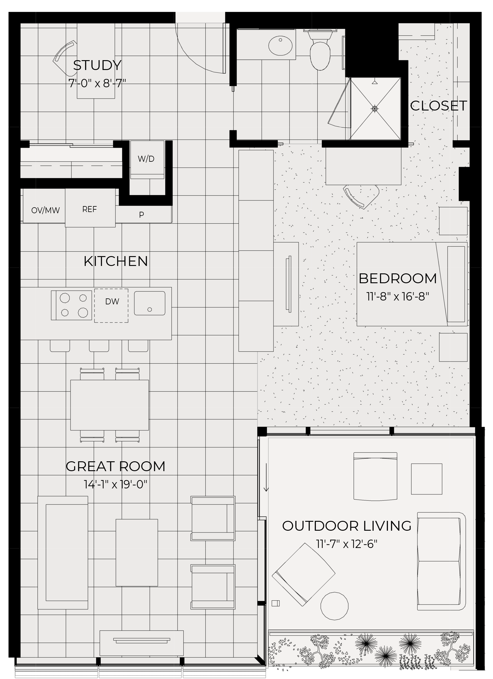 Floor plan for 1 bed, 1 bath, 904 sqft